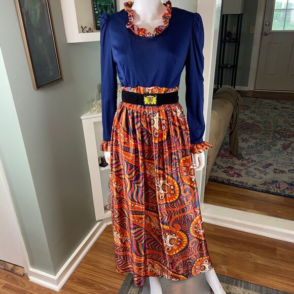 Vintage 60s 70s Paisley Psychedelic Ruffle Hostess Maxi Dress Large L Polyester - Picture 9 of 14